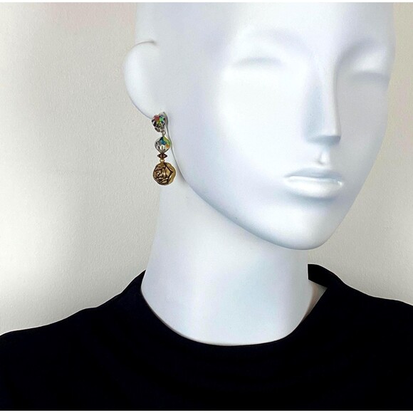 Vintage Gold-Tone Rose Bead Earrings Screw-On Dangle With Aurora Borealis Beads - Picture 2 of 4